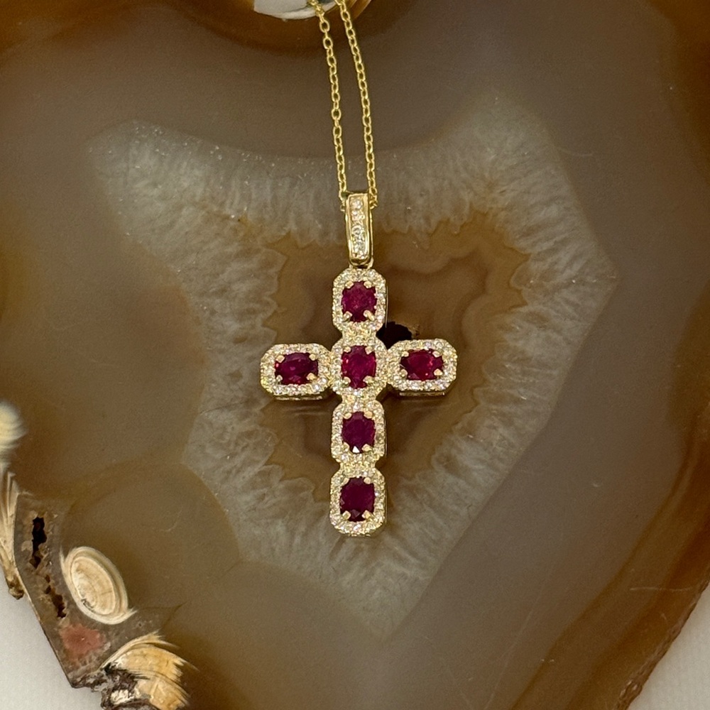 14k Yellow Gold ruby & diamond cross 16" + 2" ext +1.5" pendant w appraisal new
